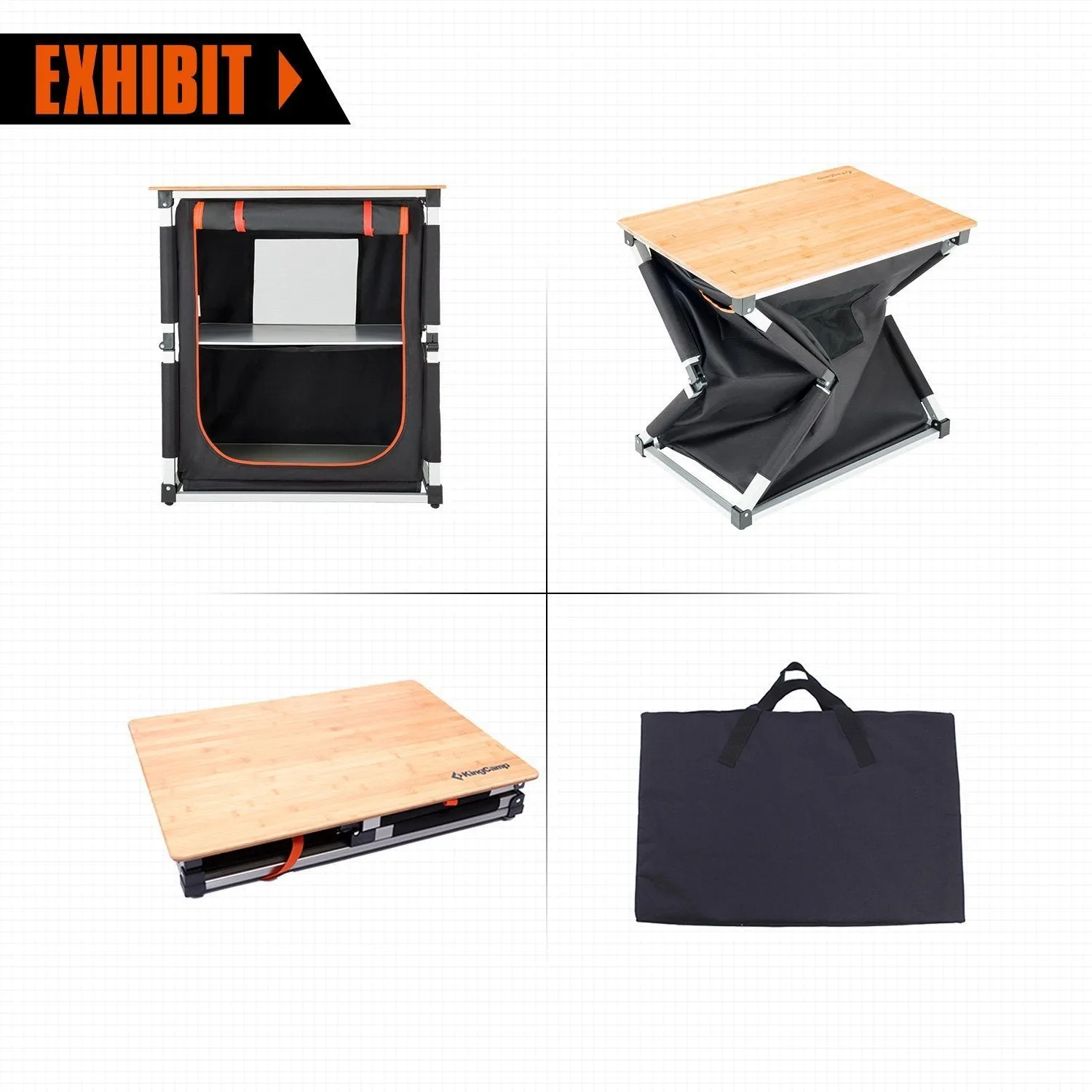 KingCamp Foldable Cook Prep Station Serve Cart Camper's Kitchen Aluminum Frame Bamboo Desktop Cooking Table with Storage Organizer, Windscreen for Camping, Picnic, BBQ and Outdoor