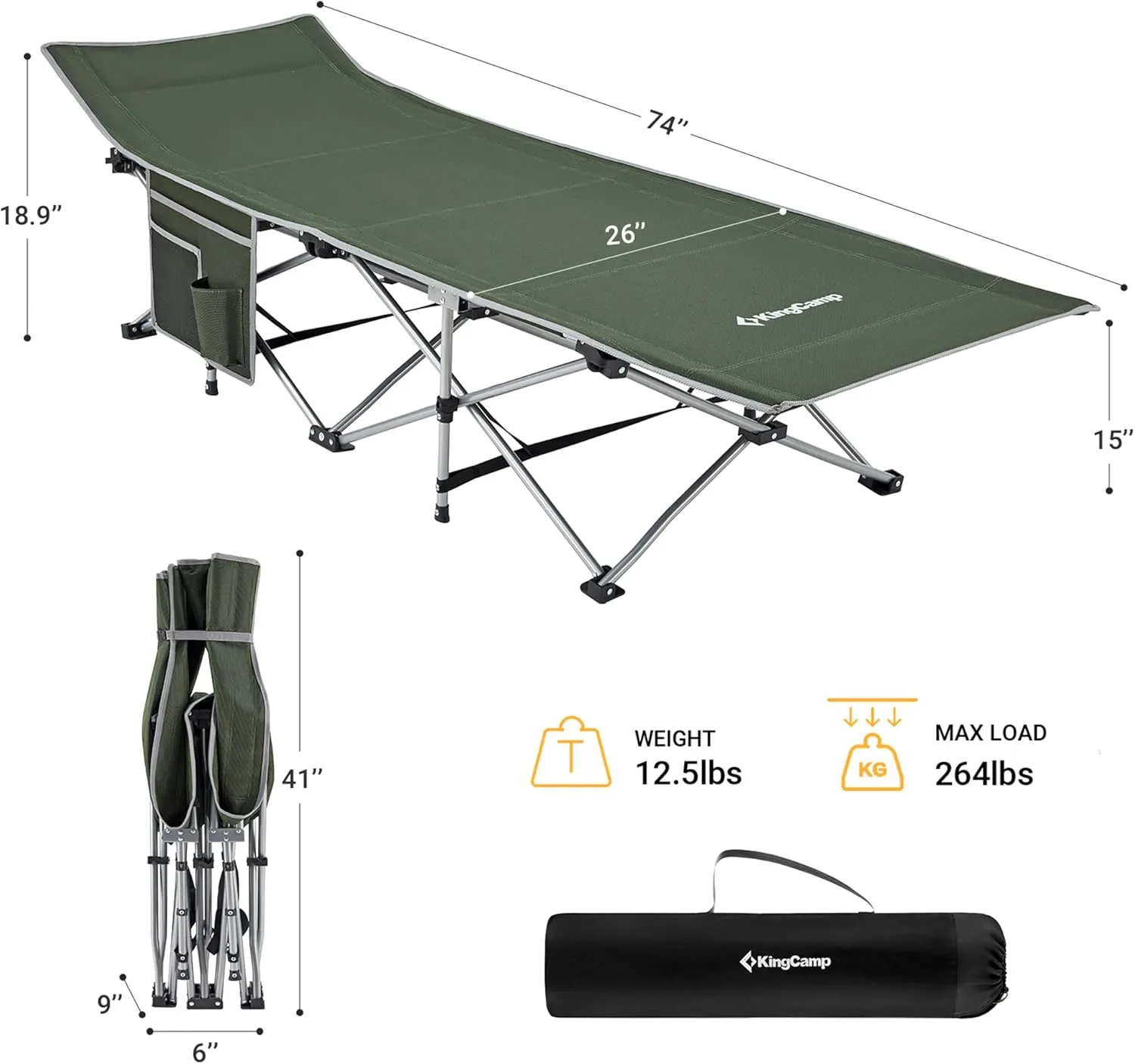 KingCamp Folding Camping Cot for Adults,Portable Sturdy Sleeping Cot with Carry Bag Outdoor Lightweight Camping Bed Support 264 lbs,Large Outdoor Foldable Travel Cots for Camping Beach Home Nap