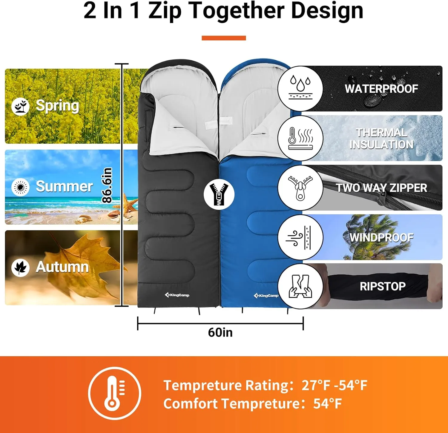 KingCamp Sleeping Bags for Adults, Wearable Sleeping Bags for Camping Backpacking, 87 * 30 Big and Tall, Lightweight, Ripstop, Waterproof Outdoor Gears