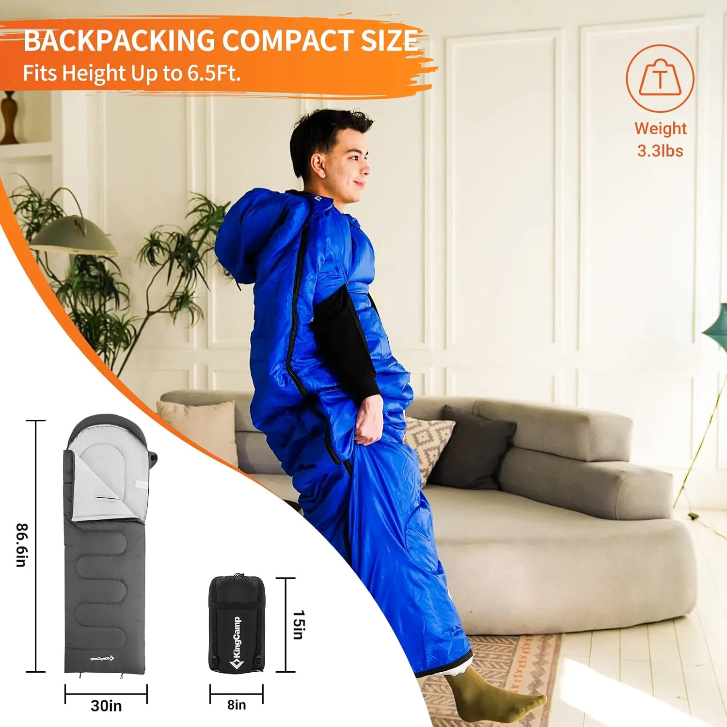 KingCamp Sleeping Bags for Adults, Wearable Sleeping Bags for Camping Backpacking, 87 * 30 Big and Tall, Lightweight, Ripstop, Waterproof Outdoor Gears