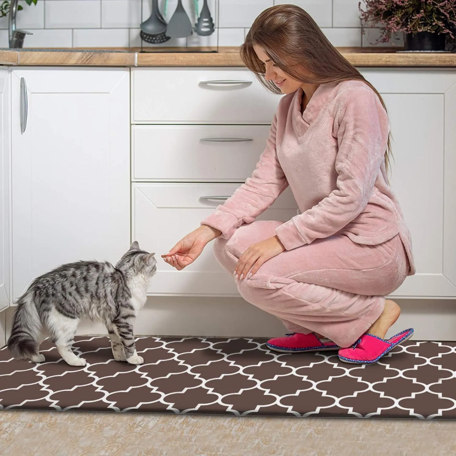 KMAT Kitchen Mat [2 PCS] Cushioned Anti-Fatigue Kitchen Mats and Rugs, Waterproof Non-Slip Kitchen Rug Heavy Duty PVC Ergonomic Comfort Standing Foam Mat for Floor Home, Sink, Laundry,Brown