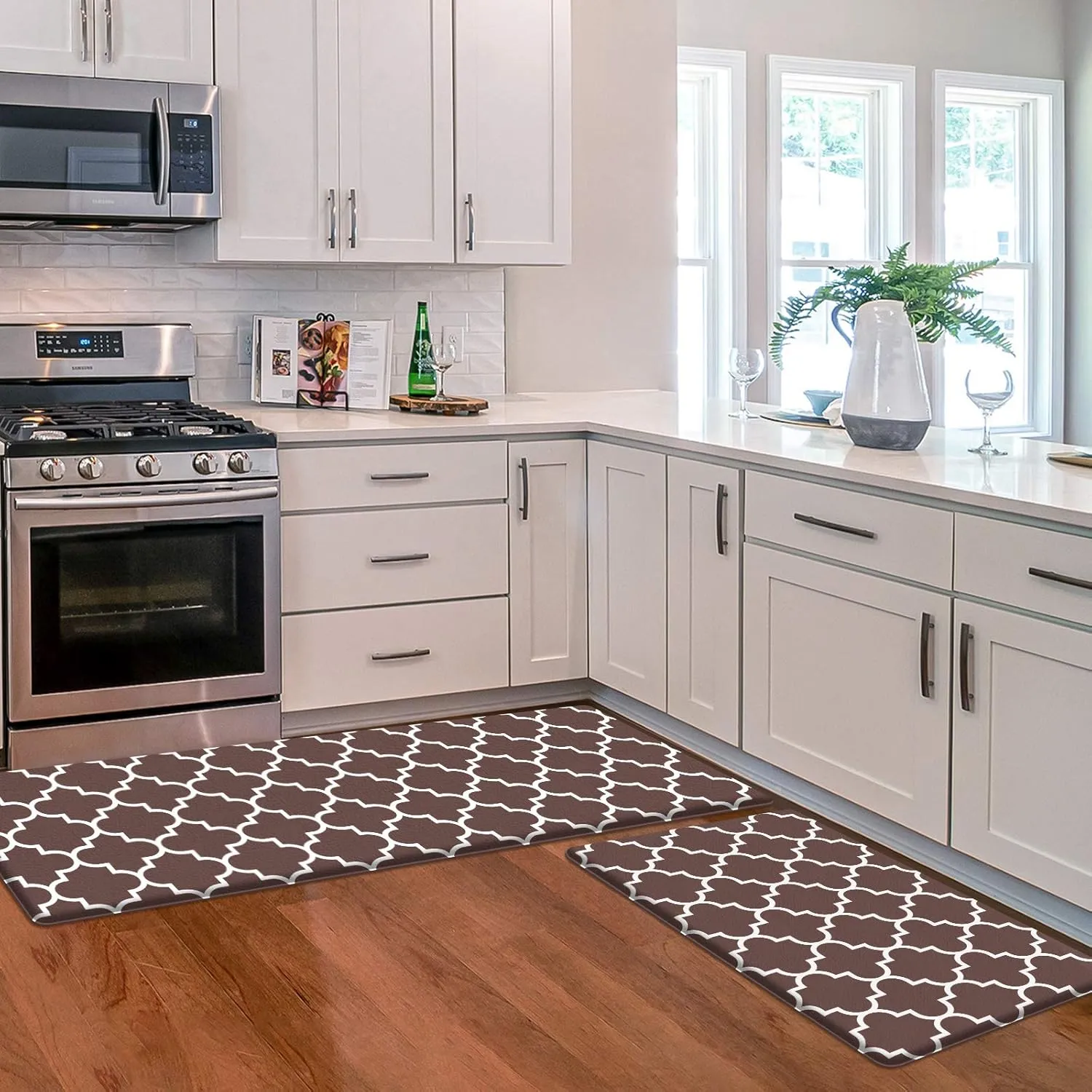 KMAT Kitchen Mat [2 PCS] Cushioned Anti-Fatigue Kitchen Mats and Rugs, Waterproof Non-Slip Kitchen Rug Heavy Duty PVC Ergonomic Comfort Standing Foam Mat for Floor Home, Sink, Laundry,Brown