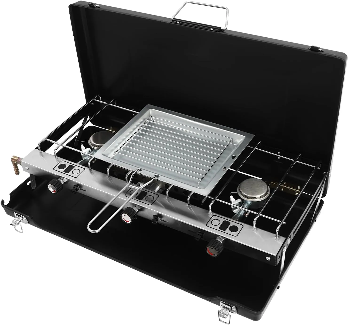 KOLHGNSE Gas Camping Stove Portable Grill 3 Burner Cook Stove Foldable Desktop Grill Outdoor Picnics BBQ (Black)