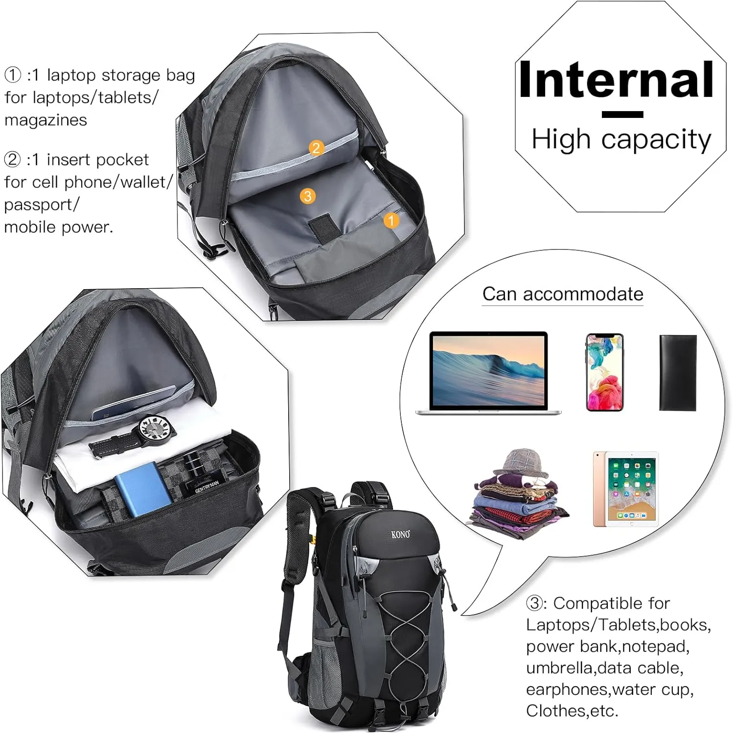 Kono Multi-functional Waterproof Hiking Backpack Traveling Climbing Backpack with Rain Cover 40L, Black, One Size, Vacation