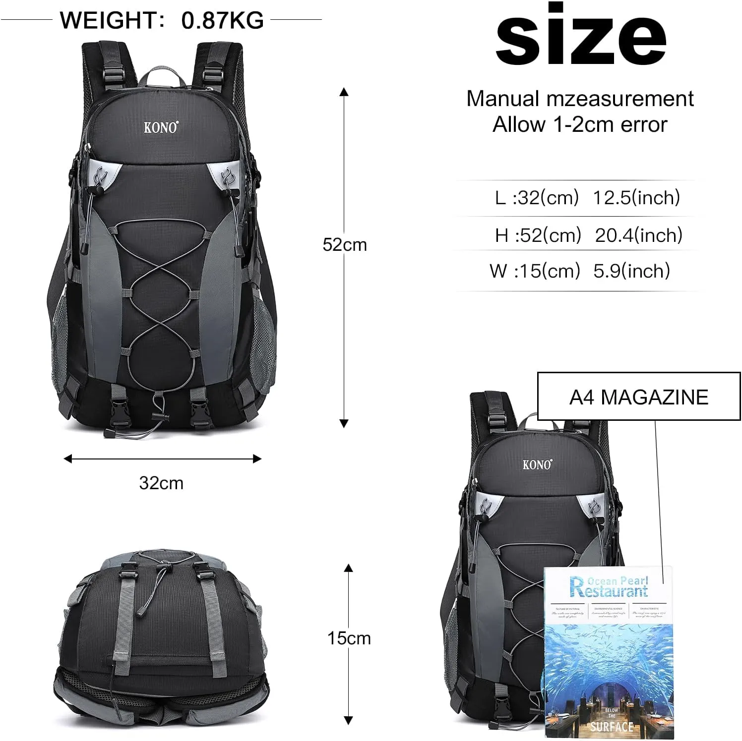 Kono Multi-functional Waterproof Hiking Backpack Traveling Climbing Backpack with Rain Cover 40L, Black, One Size, Vacation