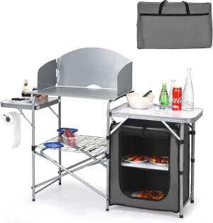 KOTEK Camping Kitchen Table, Folding Camp Table with Detachable Windscreen, Storage Organizer & Carrying Bag, Portable Outdoor Cooking Station for BBQ, Party, Picnic, RV Traveling (Grey)