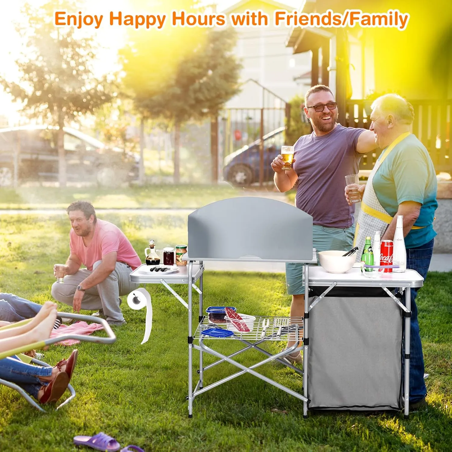 KOTEK Camping Kitchen Table, Folding Camp Table with Detachable Windscreen, Storage Organizer & Carrying Bag, Portable Outdoor Cooking Station for BBQ, Party, Picnic, RV Traveling (Grey)