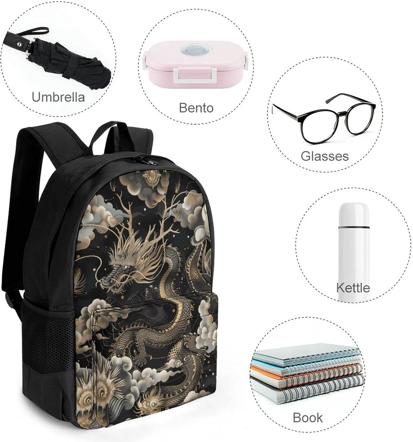 Laptop Backpack for Men Women Lightweight Backpack Black Chinese Dragon Daypack Rucksack with Compartment Laptop Bag