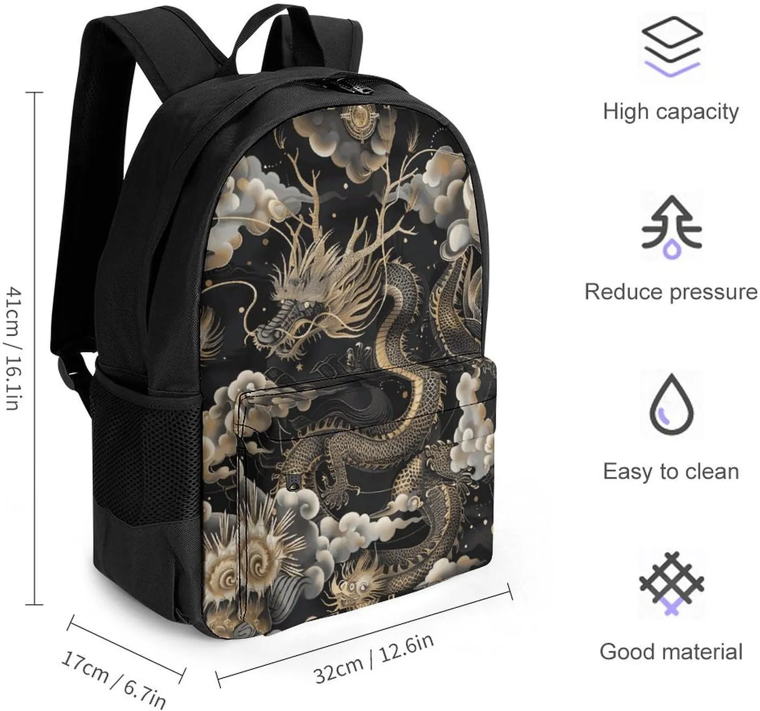 Laptop Backpack for Men Women Lightweight Backpack Black Chinese Dragon Daypack Rucksack with Compartment Laptop Bag
