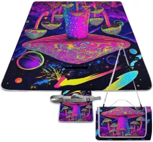 Large Beach Mat for Women Men Unisex, Foldable Waterproof Trippy Purple Mushrooms Blanket for Outdoor Park Travel Picnic Accessories