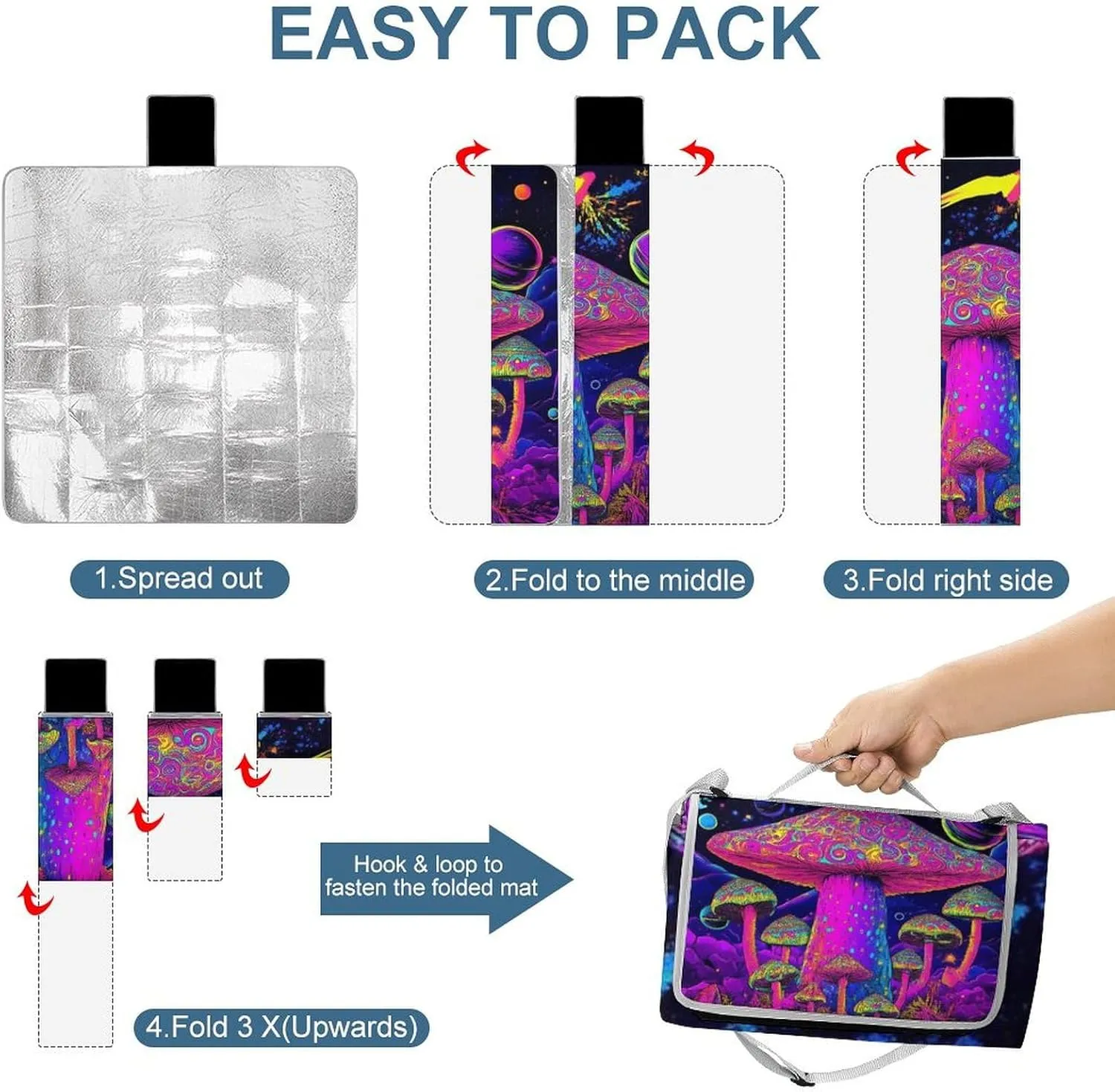 Large Beach Mat for Women Men Unisex, Foldable Waterproof Trippy Purple Mushrooms Blanket for Outdoor Park Travel Picnic Accessories