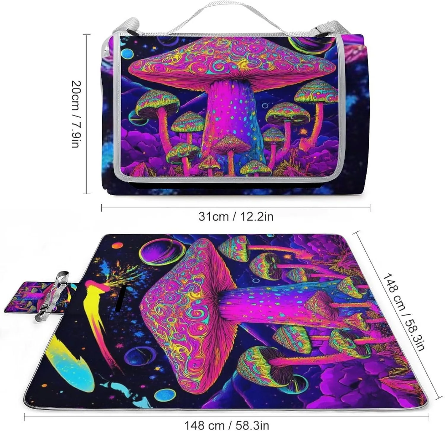 Large Beach Mat for Women Men Unisex, Foldable Waterproof Trippy Purple Mushrooms Blanket for Outdoor Park Travel Picnic Accessories