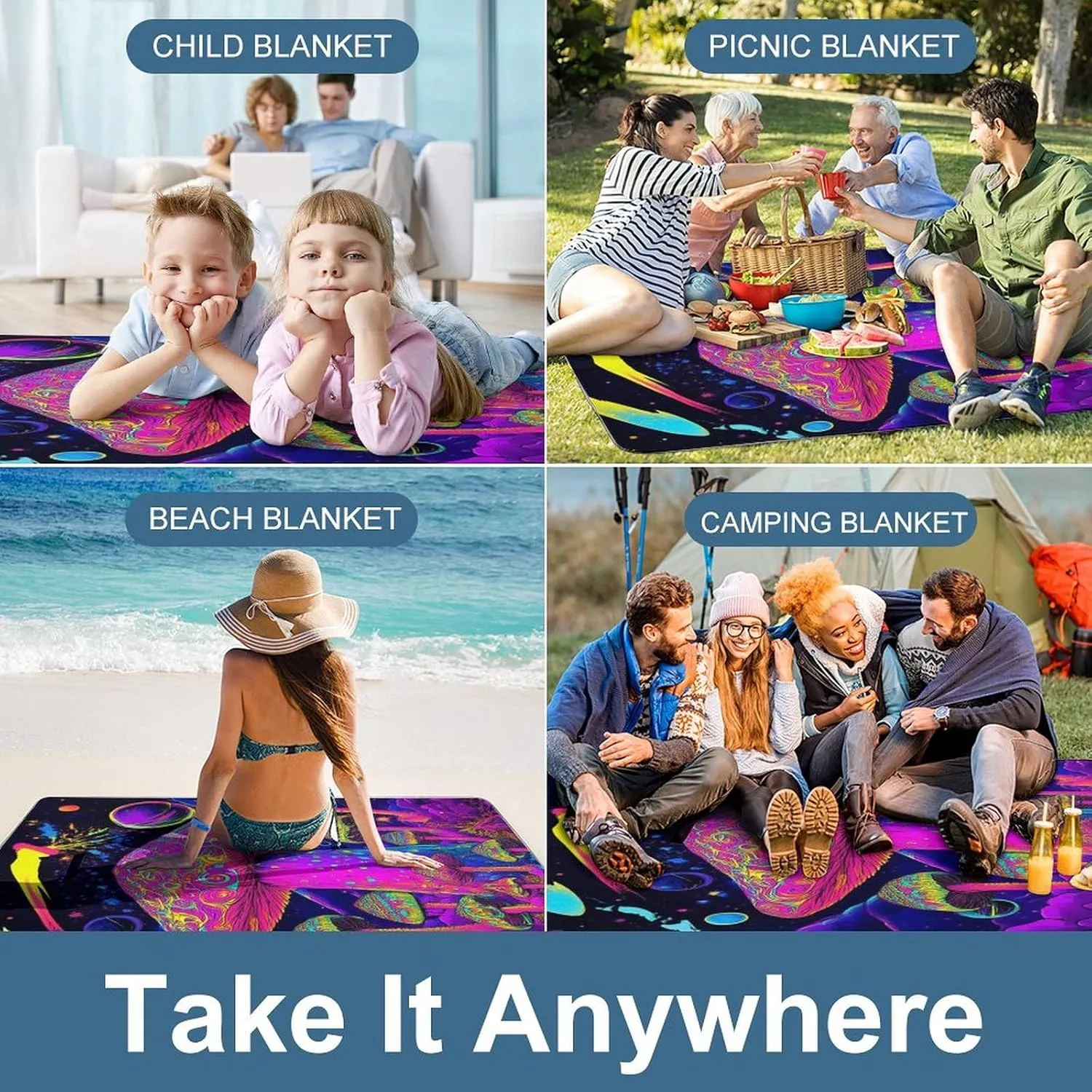 Large Beach Mat for Women Men Unisex, Foldable Waterproof Trippy Purple Mushrooms Blanket for Outdoor Park Travel Picnic Accessories