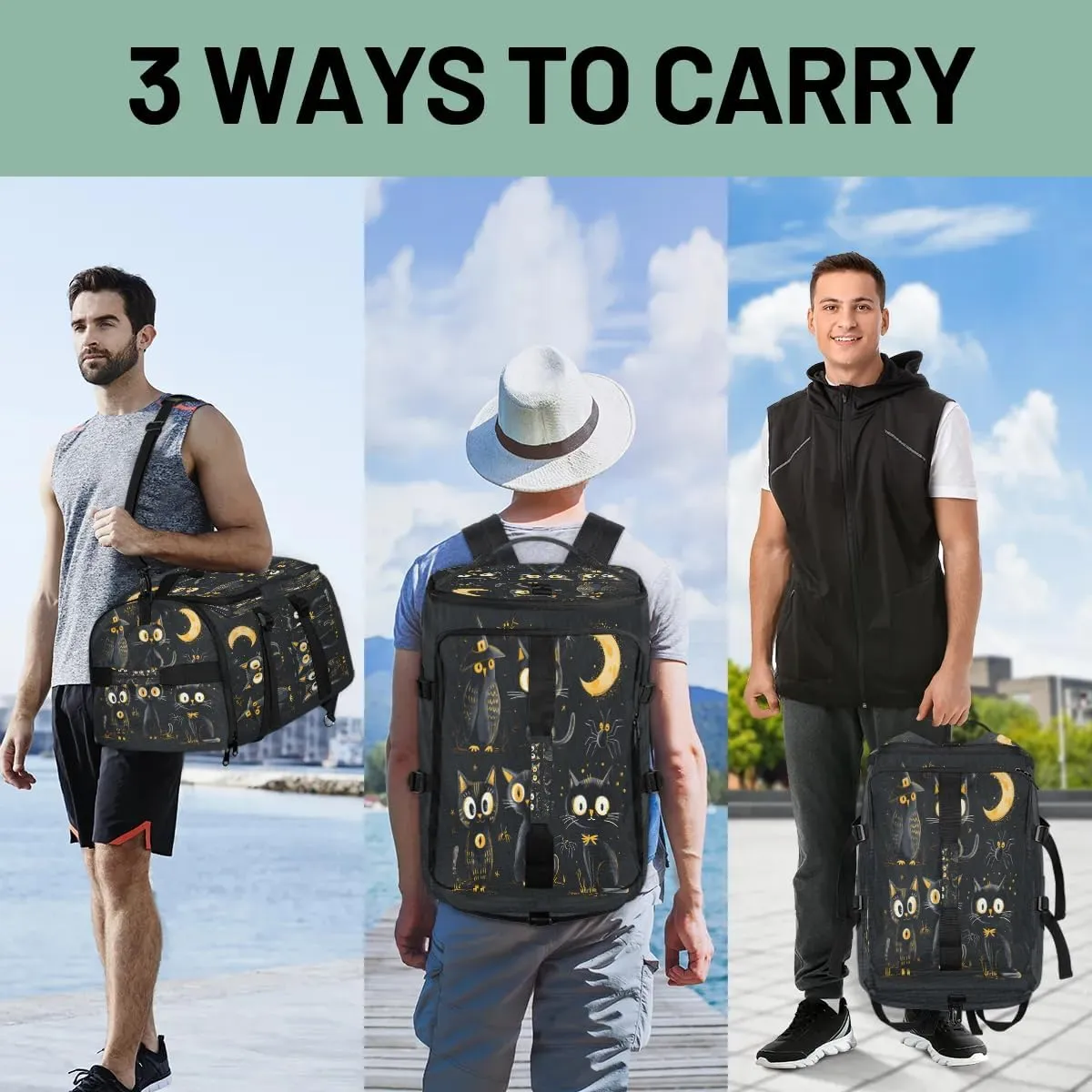 Large Carry on Backpack for Women Men Multi-function Gym Duffle Bag Halloween Cats Bird Backpack Polyester Waterproof Duffel Bags
