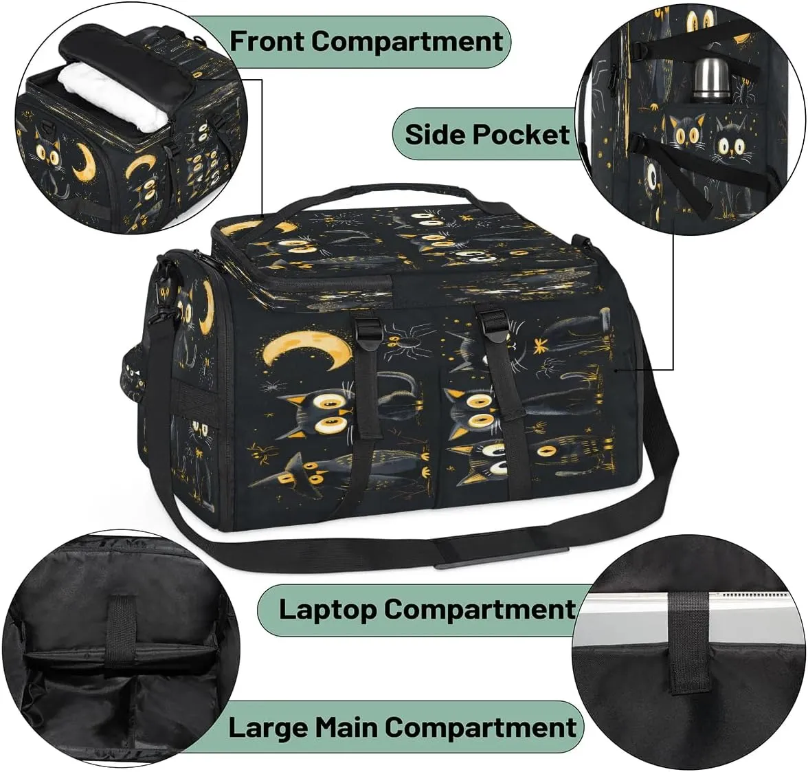 Large Carry on Backpack for Women Men Multi-function Gym Duffle Bag Halloween Cats Bird Backpack Polyester Waterproof Duffel Bags