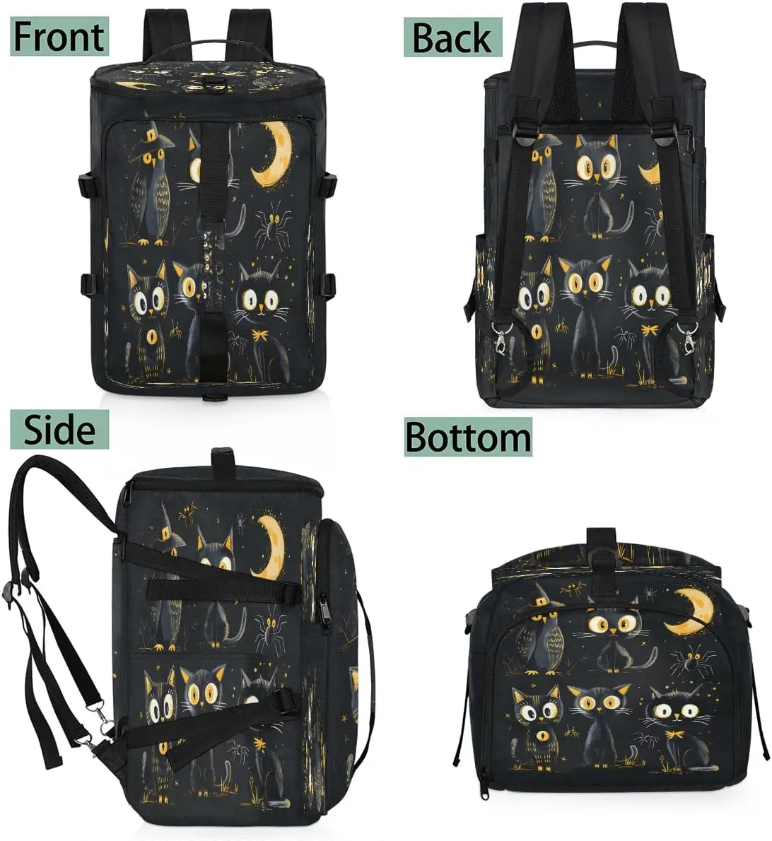 Large Carry on Backpack for Women Men Multi-function Gym Duffle Bag Halloween Cats Bird Backpack Polyester Waterproof Duffel Bags