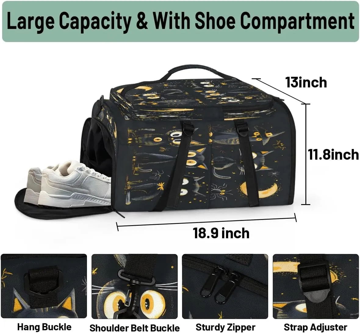 Large Carry on Backpack for Women Men Multi-function Gym Duffle Bag Halloween Cats Bird Backpack Polyester Waterproof Duffel Bags