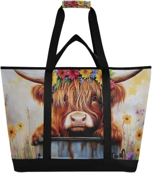 Large Insulated Cooler Bag Bucket Highland Cow, Collapsible Soft Cooler Makes a Perfect Insulated Grocery Bag, Food Delivery Bag, Travel Insulated Bag or Beach Cooler Bags