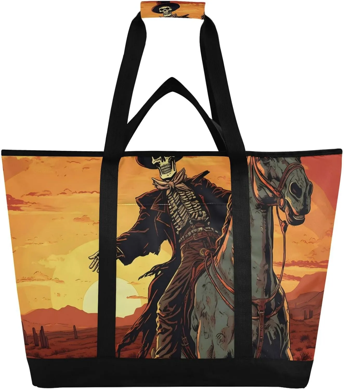 Large Insulated Cooler Bag Skeleton Cowboy Funny Sunset, Collapsible Soft Cooler Makes a Perfect Insulated Grocery Bag, Food Delivery Bag, Travel Insulated Bag or Beach Cooler Bags