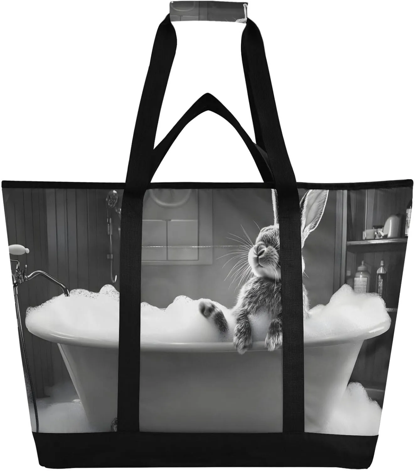 Large Insulated Reusable Tote Bag Bunny Bathtub Funny for Grocery Shopping for Women Men, Cooler Bag with Zippered Top & Handles for Travel Beach Picnic