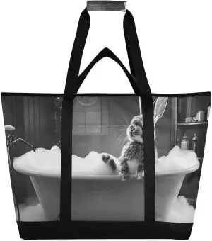 Large Insulated Reusable Tote Bag Bunny Bathtub Funny for Grocery Shopping for Women Men, Cooler Bag with Zippered Top & Handles for Travel Beach Picnic