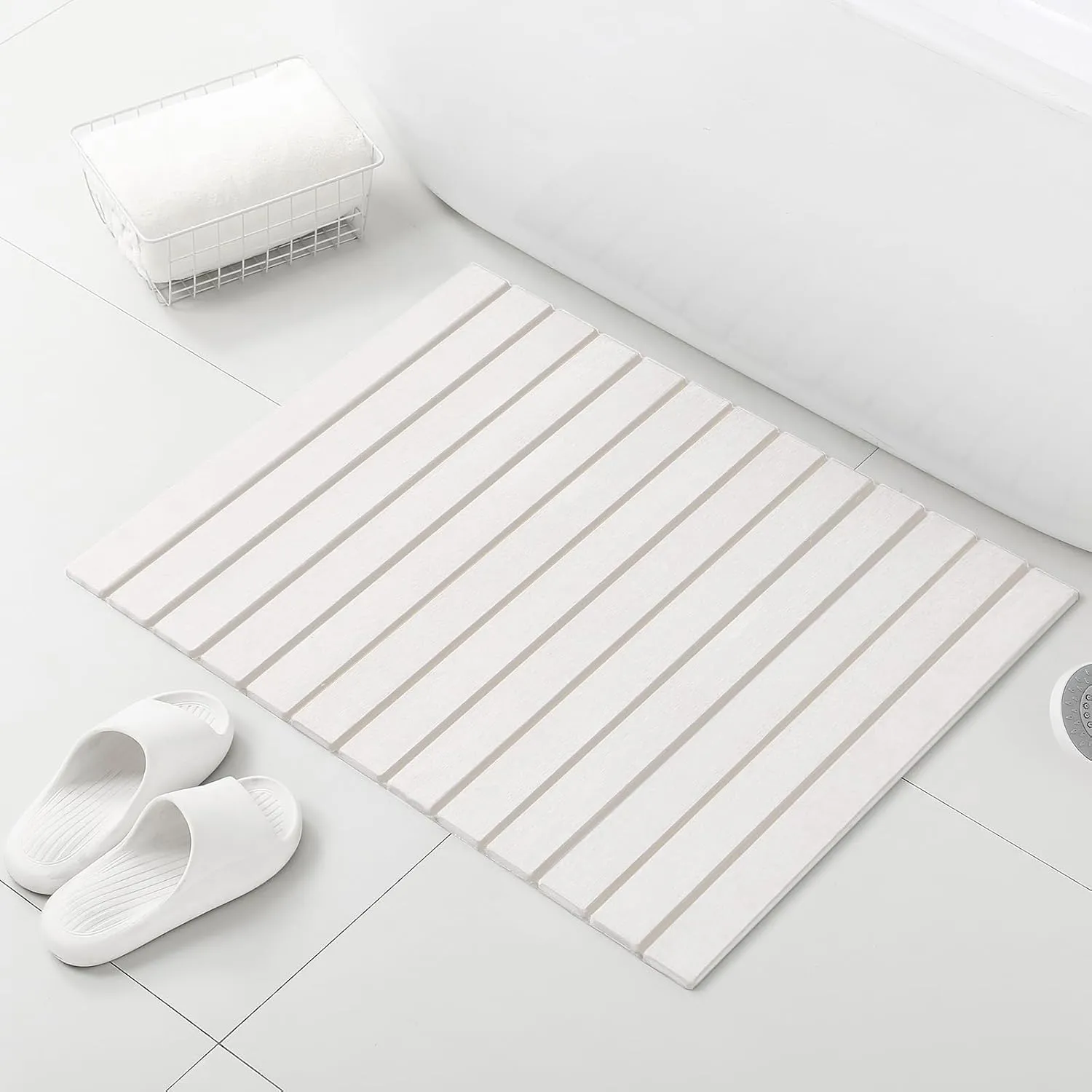 Large Stone Bath Mat, 31"x 23" Non-Slip Diatomaceous Earth Bath Mat, Ultra-Absorbent Quick-Drying Stone Drying Mat for Kitchen Bathroom Pet Bowl, Rollable & Foldable Stone Bath Mat, White XL