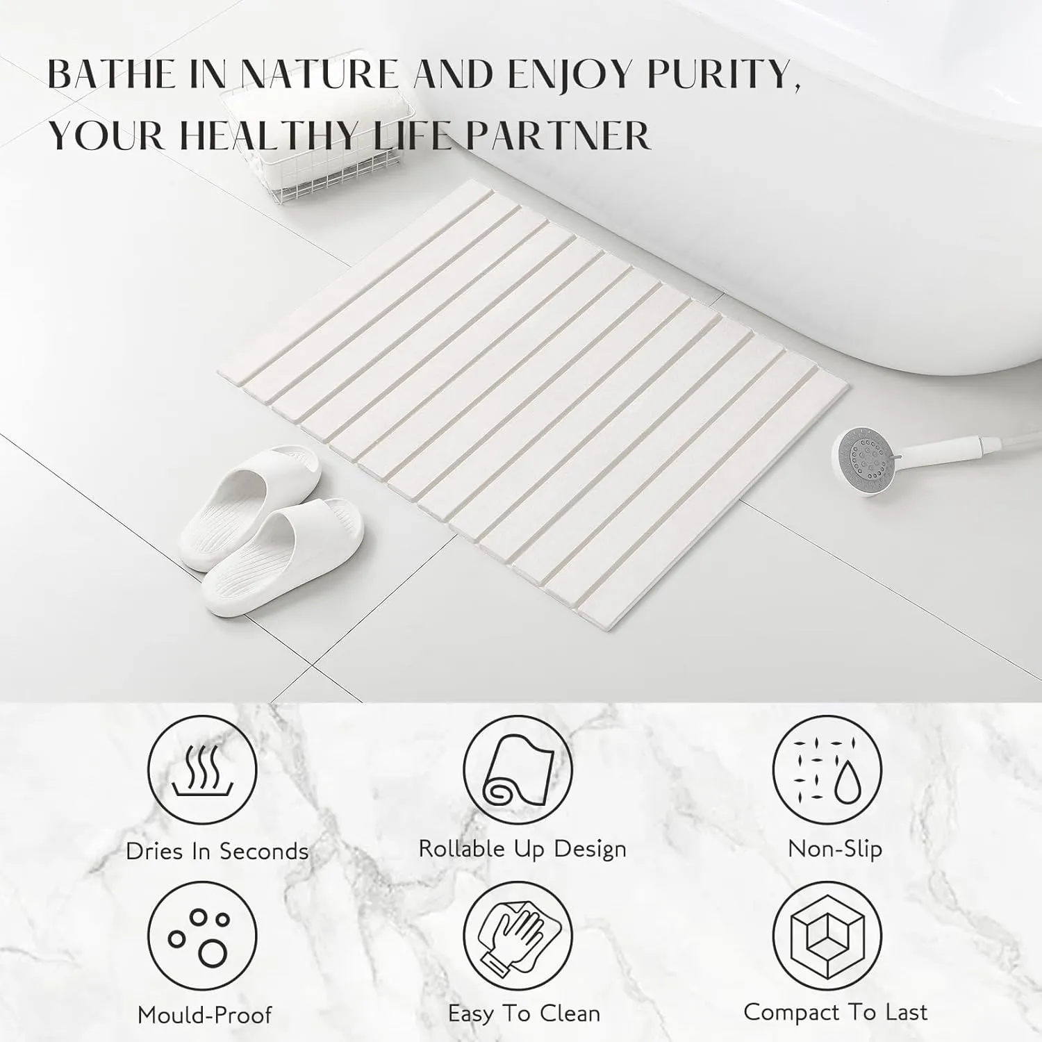 Large Stone Bath Mat, 31"x 23" Non-Slip Diatomaceous Earth Bath Mat, Ultra-Absorbent Quick-Drying Stone Drying Mat for Kitchen Bathroom Pet Bowl, Rollable & Foldable Stone Bath Mat, White XL