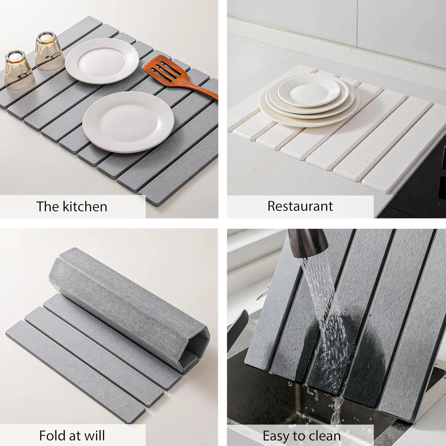 Large Stone Drying Mat for Kitchen Counter, 24''L x 16''W Diatomaceous Earth Collapsible Dish Drying Mat, Quick Drying Mat, Glasses and Flatware, Matches Any Countertop (Light Gray, 24'' x 16'')
