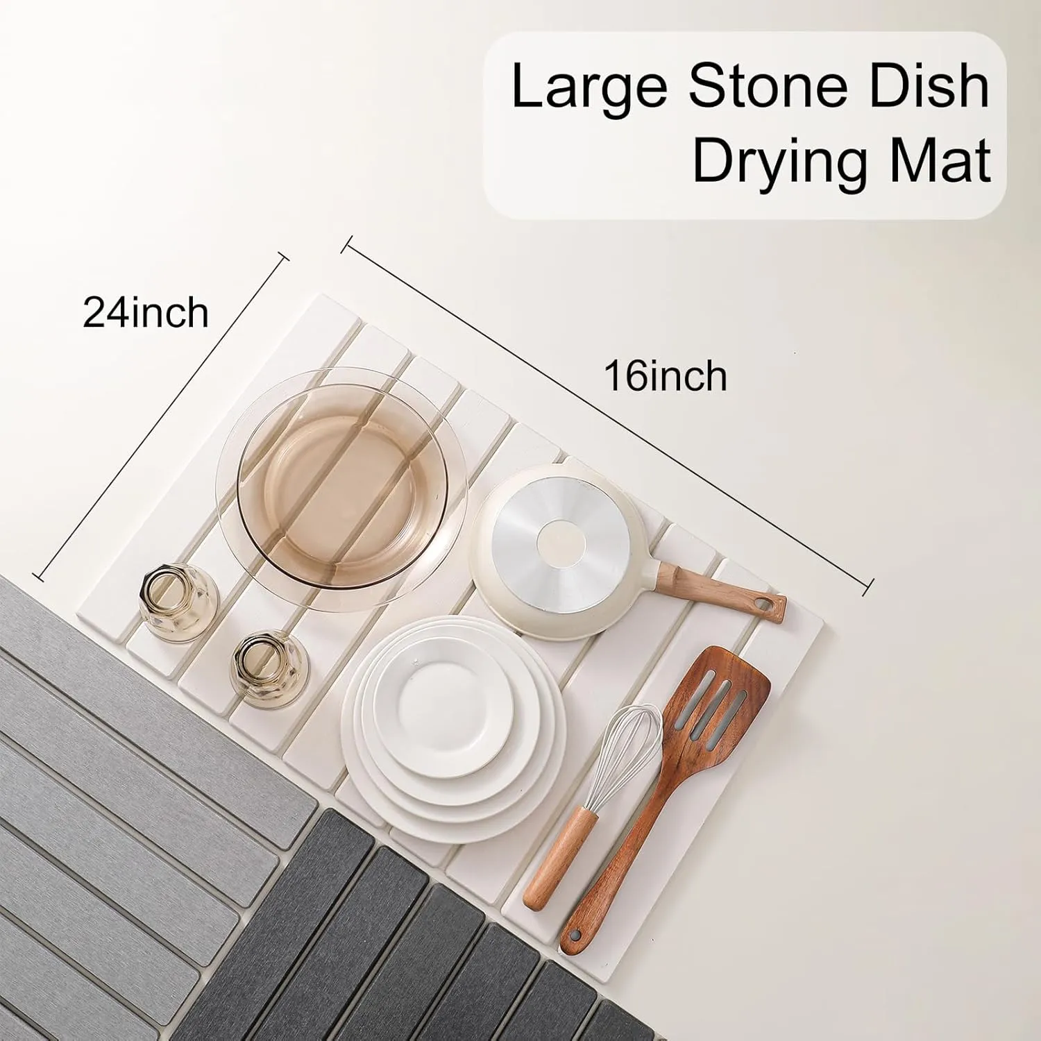 Large Stone Drying Mat for Kitchen Counter, 24''L x 16''W Diatomaceous Earth Collapsible Dish Drying Mat, Quick Drying Mat, Glasses and Flatware, Matches Any Countertop (Light Gray, 24'' x 16'')
