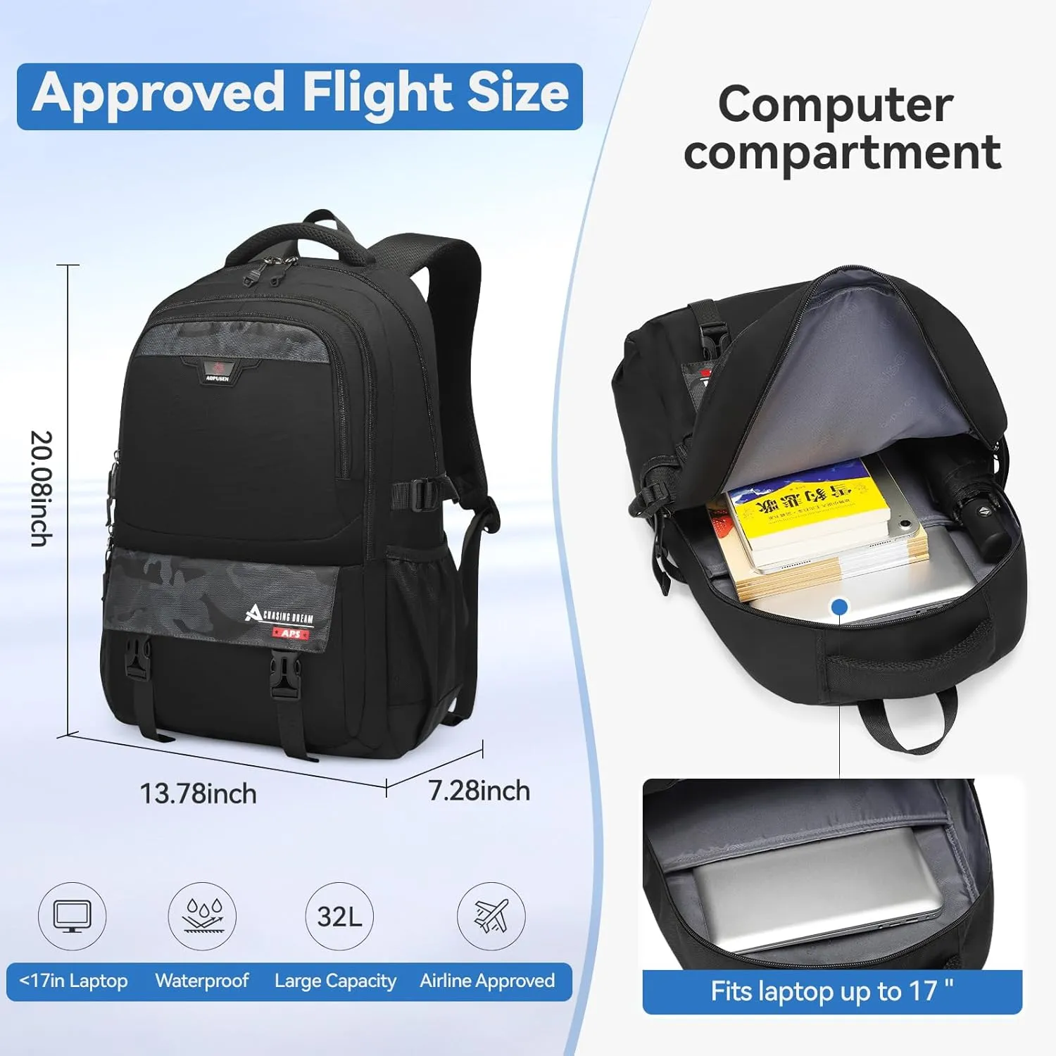 Large Travel Backpack for Men, Waterproof Outdoor Commuter Backpack with Multiple Compartments, Heavy-Duty Work Daypack for Hiking, Business, or Daily Use, Fits 17.3 Inch Laptop(Black)