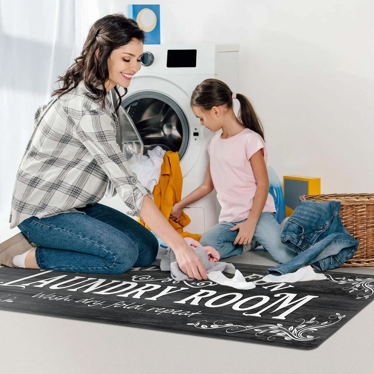 Laundry Room Rug Runner 24"x60" Non Slip Waterproof Laundry Mats for Laundry Room Decor Washable Floor Farmhouse Laundry Rug for Mudroom Washroom Bathroom, Black Navy Blue