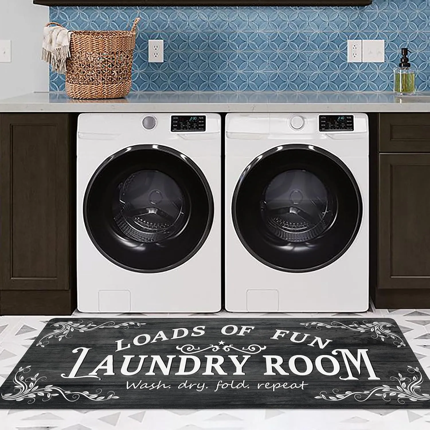 Laundry Room Rug Runner 24"x60" Non Slip Waterproof Laundry Mats for Laundry Room Decor Washable Floor Farmhouse Laundry Rug for Mudroom Washroom Bathroom, Black Navy Blue