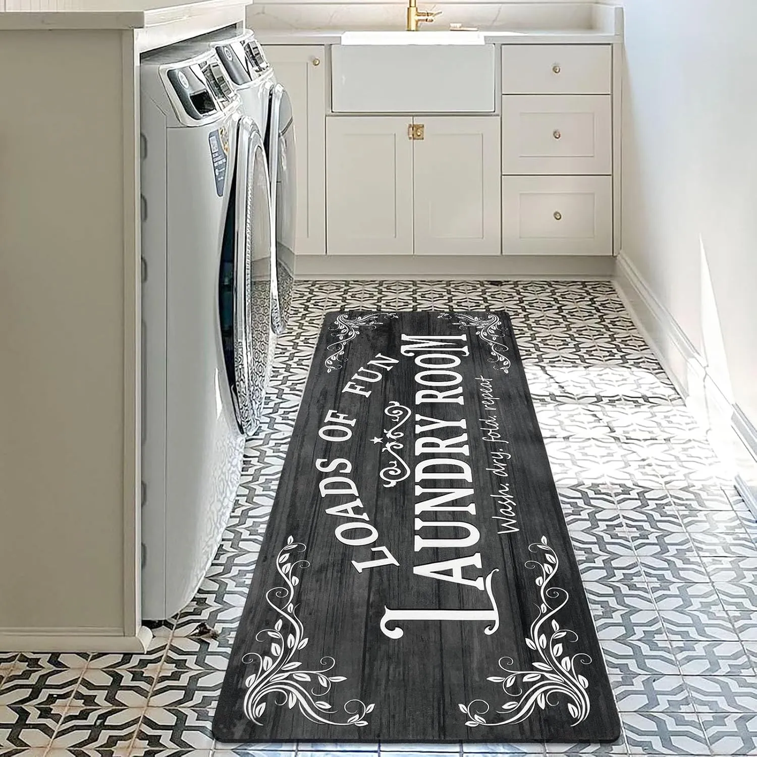 Laundry Room Rug Runner 24"x60" Non Slip Waterproof Laundry Mats for Laundry Room Decor Washable Floor Farmhouse Laundry Rug for Mudroom Washroom Bathroom, Black Navy Blue