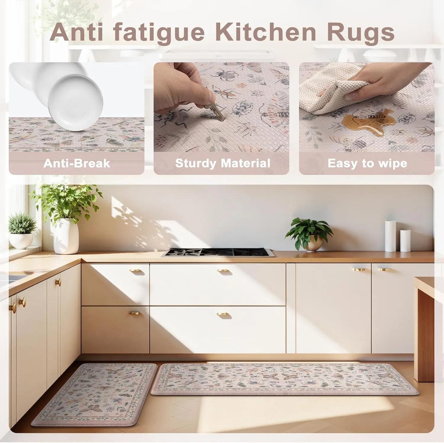 LEEVAN Anti Fatigue Mats for Kitchen Floor Non-Slip, Cushioned Kitchen Mats for Floor 2 Piece, Pink Memory Foam Kitchen Mat Set, Waterproof Ergonomic Standing Mat for Bar, Office,Desk, Laundry