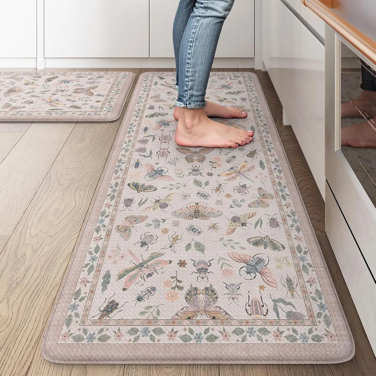 LEEVAN Anti Fatigue Mats for Kitchen Floor Non-Slip, Cushioned Kitchen Mats for Floor 2 Piece, Pink Memory Foam Kitchen Mat Set, Waterproof Ergonomic Standing Mat for Bar, Office,Desk, Laundry
