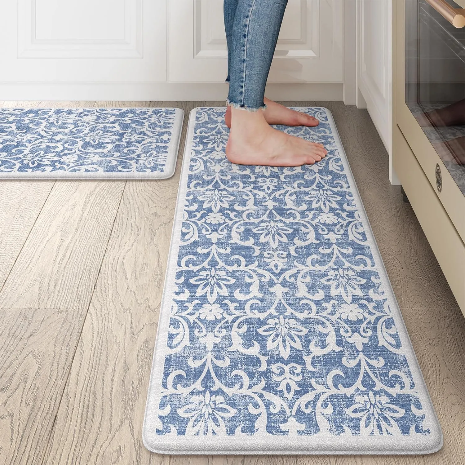 LEEVAN Kitchen Rugs Non Slip, Cushioned Kitchen Floor Mats Set of 2, Blue Anti-Fatigue Kitchen Mat Waterproof, Ergonomic Memory Foam Standing Mat for Bar, Office, Desk, Laundry