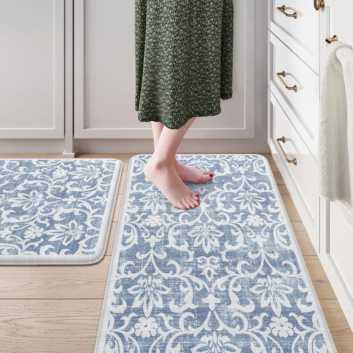 LEEVAN Kitchen Rugs Non Slip, Cushioned Kitchen Floor Mats Set of 2, Blue Anti-Fatigue Kitchen Mat Waterproof, Ergonomic Memory Foam Standing Mat for Bar, Office, Desk, Laundry