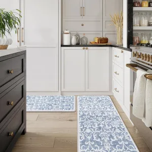 LEEVAN Kitchen Rugs Non Slip, Cushioned Kitchen Floor Mats Set of 2, Blue Anti-Fatigue Kitchen Mat Waterproof, Ergonomic Memory Foam Standing Mat for Bar, Office, Desk, Laundry