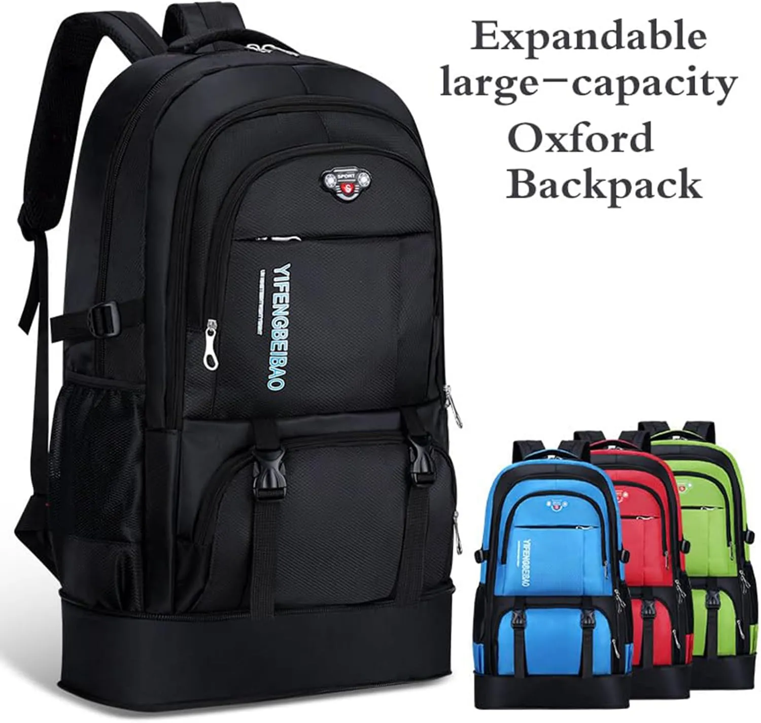 LELEBEAR Expandable Multifunctional Large-Capacity Oxford Backpack, Travel Backpack For Mountaineering, Waterproof Hiking Backpack (Red)
