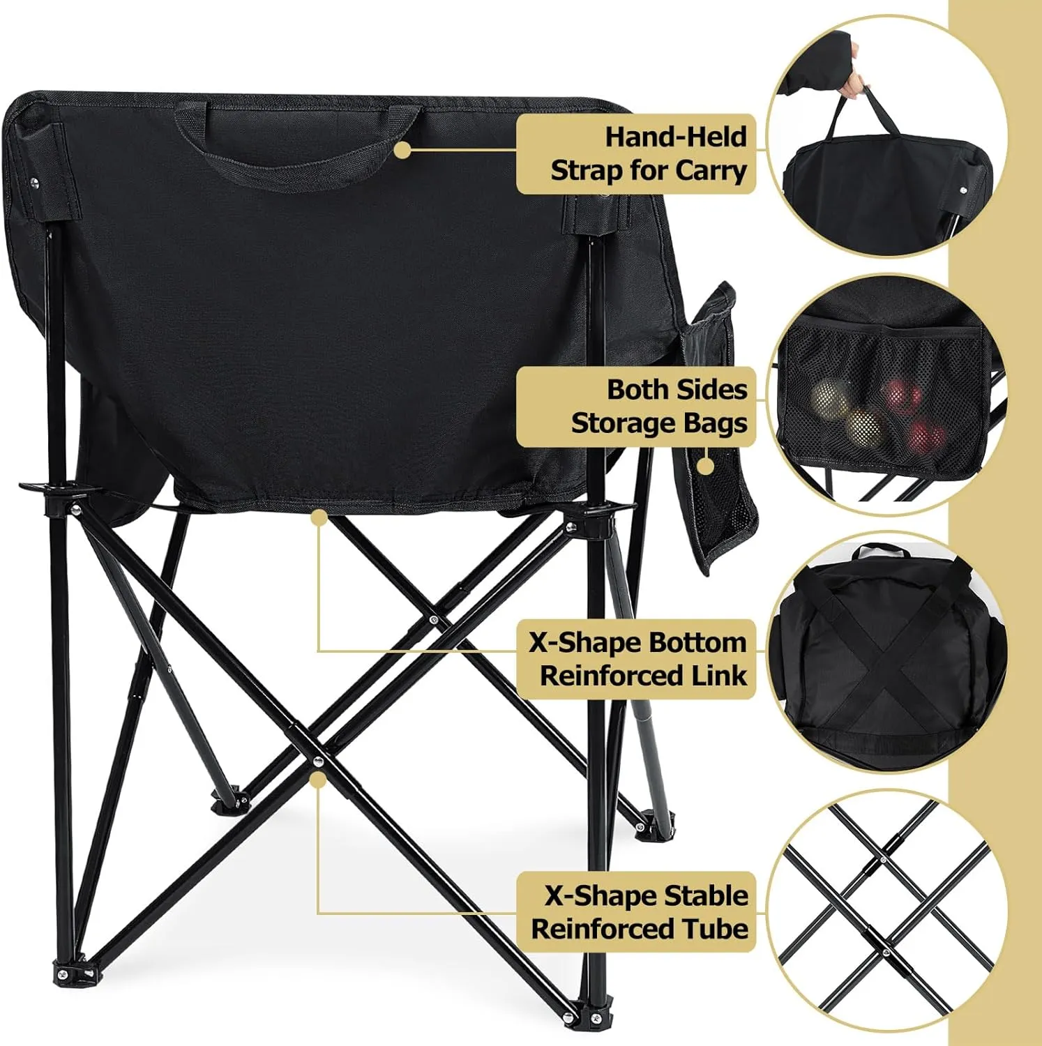 Leonyo Folding Camping Chairs, Portable Outdoor Lawn Chairs for Adults with Carrying Bag for Outside Fishing, Hiking & Festivals, Black