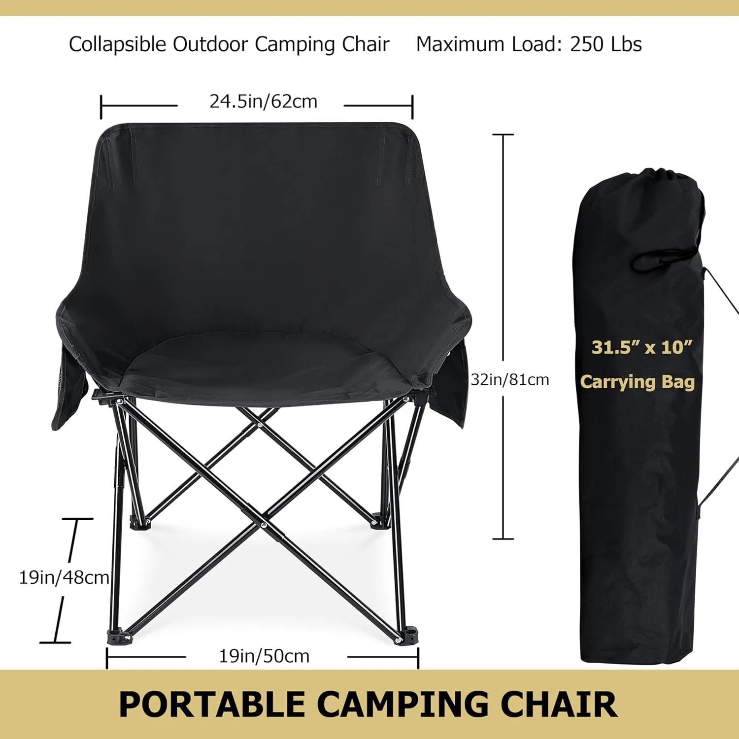 Leonyo Folding Camping Chairs, Portable Outdoor Lawn Chairs for Adults with Carrying Bag for Outside Fishing, Hiking & Festivals, Black