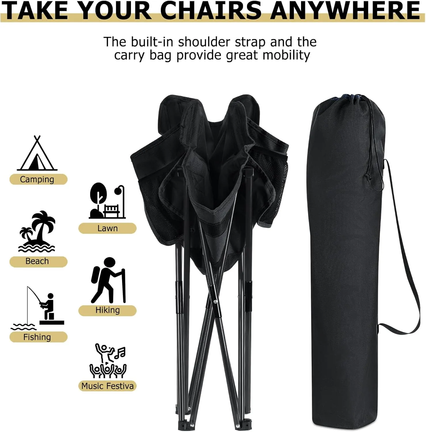 Leonyo Folding Camping Chairs, Portable Outdoor Lawn Chairs for Adults with Carrying Bag for Outside Fishing, Hiking & Festivals, Black