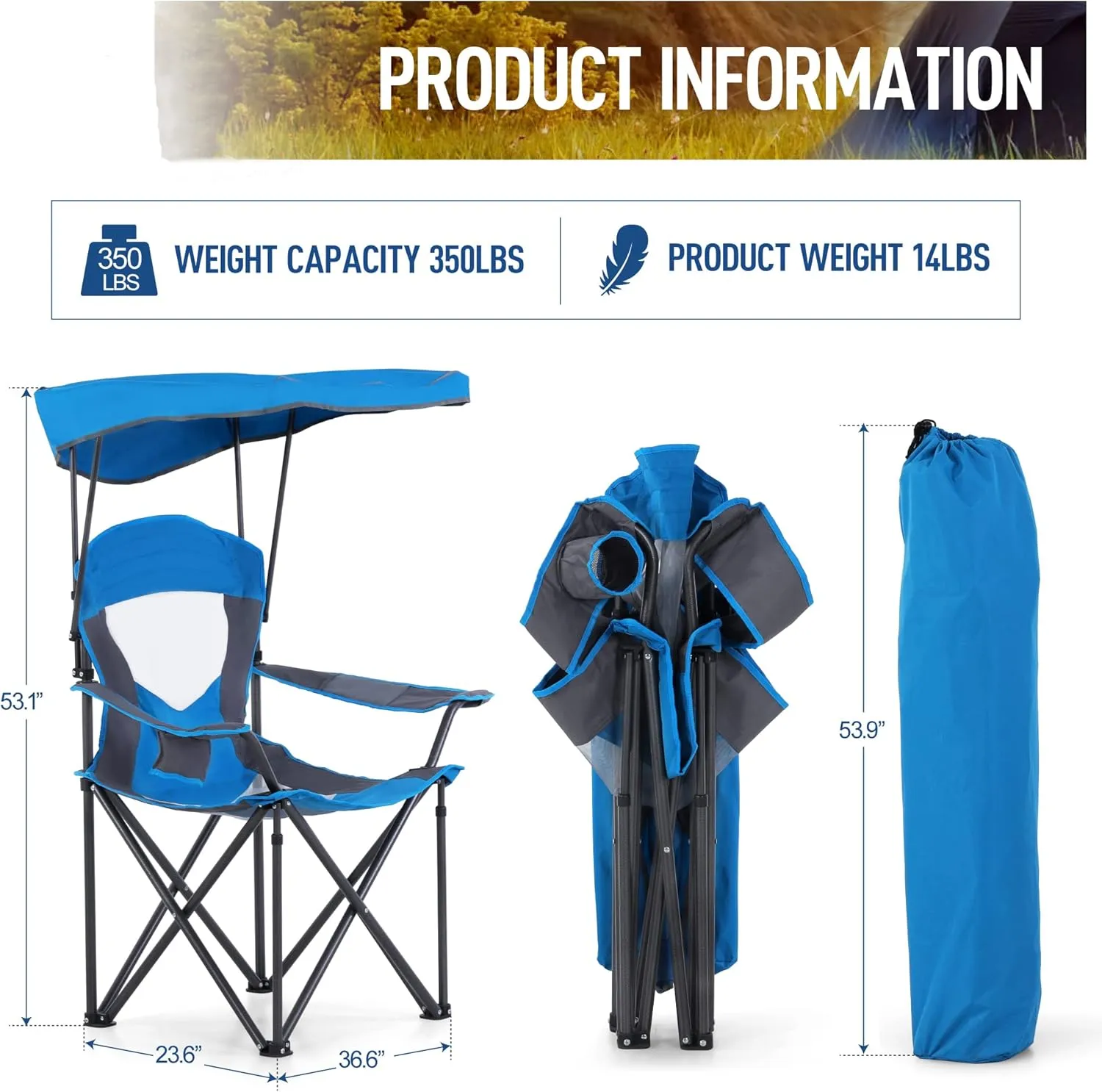 LET'S CAMP Camp Chair with Shade Canopy Folding Camping Chair with Cup Holder and Carry Bag for Outdoor Camping Hiking Beach, Heavy Duty 350 LBS