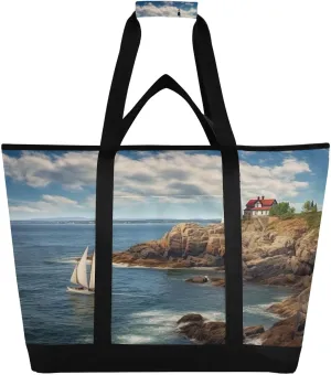 Lighthouse Reusable Insulated Lunchbox Cooler Bag, Leakproof Kitchen Grocery Bag Collapsible Portable Cooler Tote Bag for Picnic, Camping, Office, Travel
