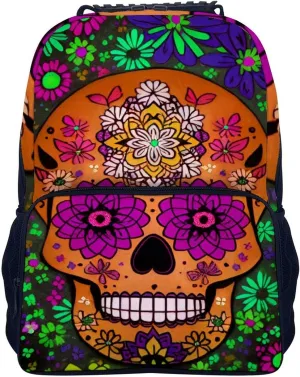 Lightweight Backpack for Gym Travel Bicycle - Big Capacity Multipurpose Anti-Theft Carry On Bag, Grunge Mexican Sugar Skulls Day Of The Dead Flowers Art Travel Hiking Bag & Day Pack