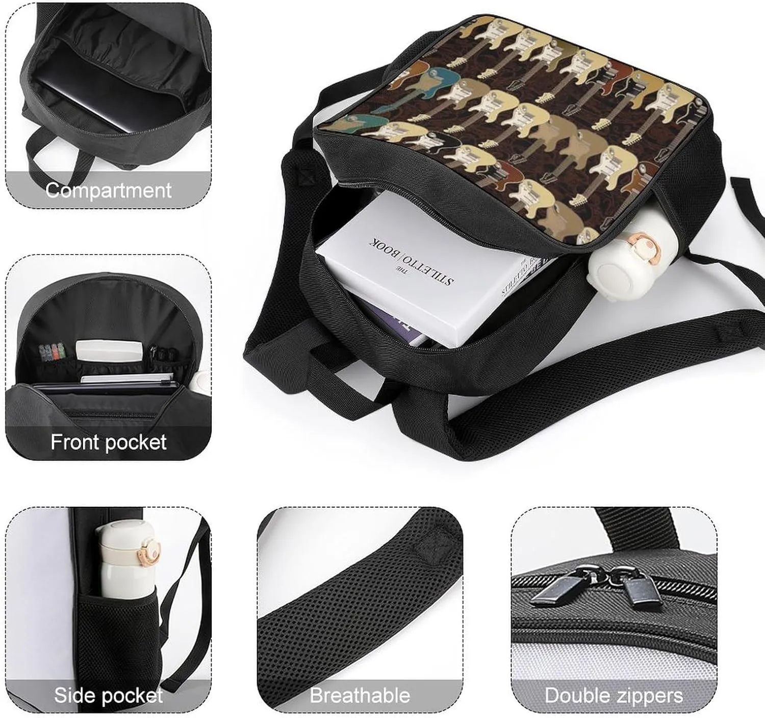 Lightweight Backpacks Cute Travel Bag Durable Art Guitar Pattern Printing Small Travel Backpack For Women & Men