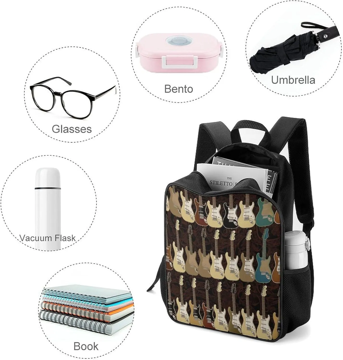 Lightweight Backpacks Cute Travel Bag Durable Art Guitar Pattern Printing Small Travel Backpack For Women & Men