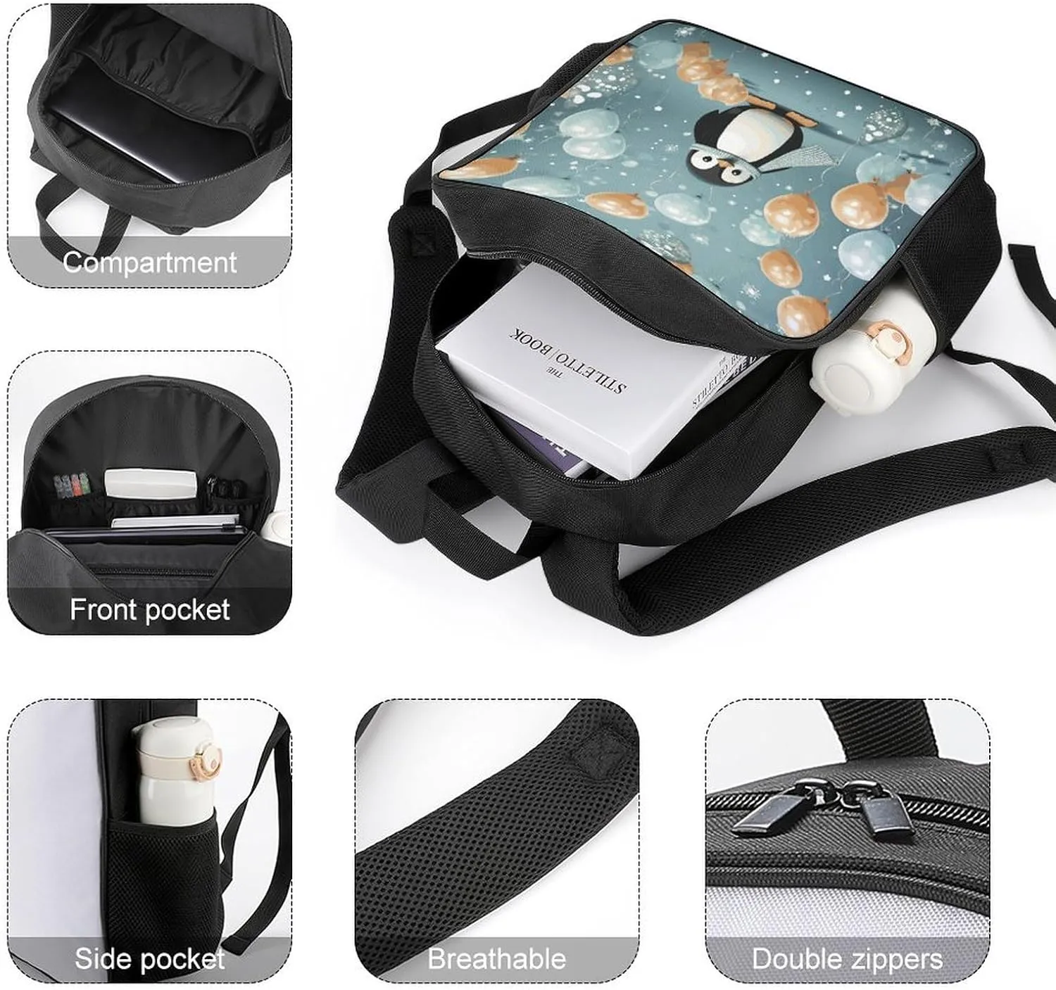 Lightweight Backpacks Cute Travel Bag Durable Balloon Snowflake Printing Small Travel Backpack For Women & Men