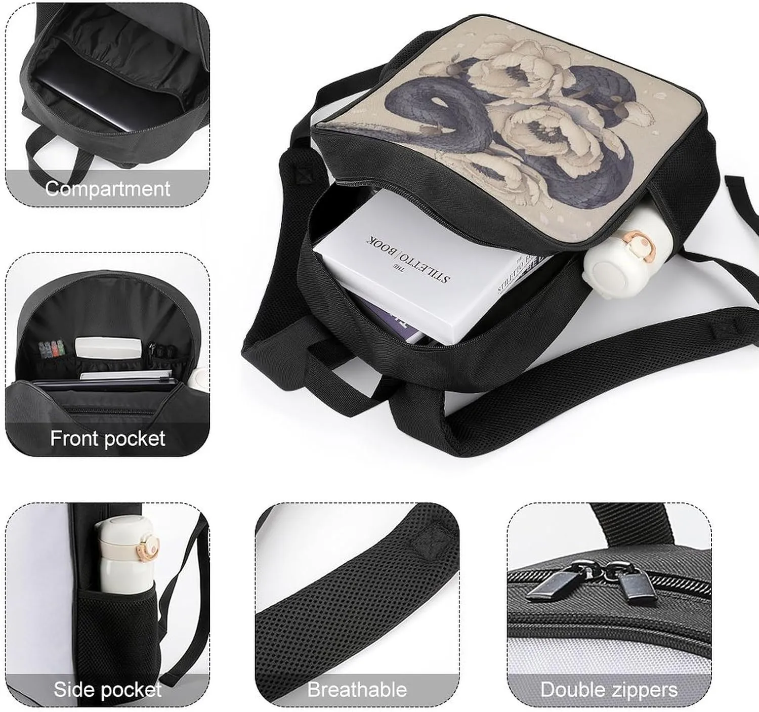 Lightweight Backpacks Cute Travel Bag Durable Black Snake And Flower Printing Small Travel Backpack For Women & Men
