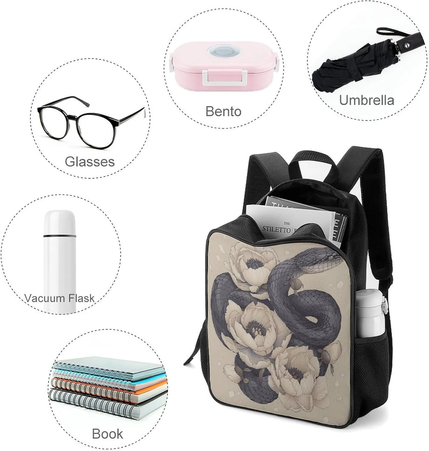 Lightweight Backpacks Cute Travel Bag Durable Black Snake And Flower Printing Small Travel Backpack For Women & Men
